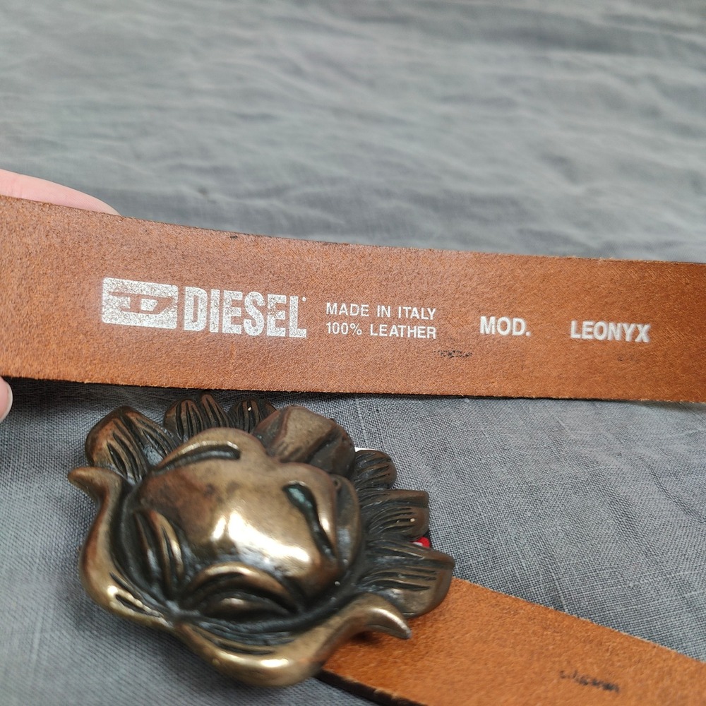 Vintage Y2K Diesel Lion Buckle Belt Brown Leather Mens Size 80 Made in Italy - Picture 6 of 12